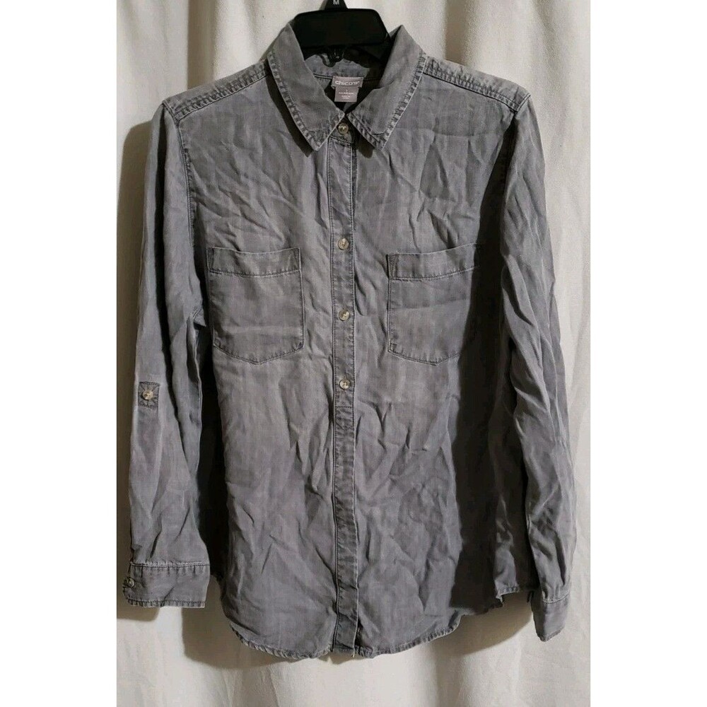 Chico's Size 1 (US 8/10) Gray 100% Tencel Lyocell Button Up Shirt Roll Tab Top